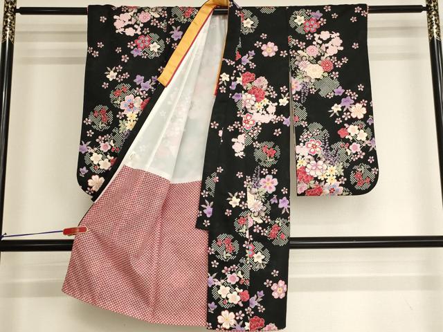 平和屋着物[]七五三　女の子　３歳　祝着　三つ身　舞花文　黒地　AABI2754ja