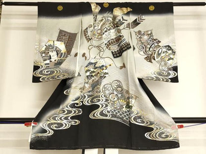 平和屋着物[]お宮参り　男の子　祝着　産着　初着　のしめ　兜　凧　暈し染め　金銀彩　逸品　AABI2757ja