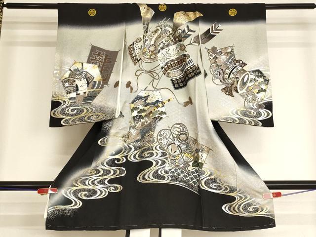 平和屋着物[]お宮参り　男の子　祝着　産着　初着　のしめ　兜　凧　暈し染め　金銀彩　逸品　AABI2757ja