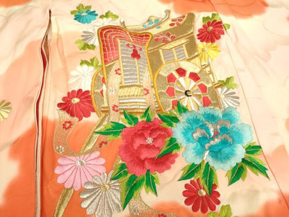 平和屋着物[]七五三　女の子　３歳　祝着　三つ身　総刺繍　御所車花文　暈し染め　金銀糸　逸品　AABI2758ja
