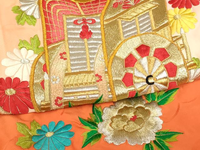 平和屋着物[]七五三　女の子　３歳　祝着　三つ身　総刺繍　御所車花文　暈し染め　金銀糸　逸品　AABI2758ja