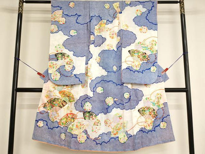 平和屋着物[]七五三　女の子　７歳　祝着　四つ身　駒刺繍　扇面花文　金彩　洗える着物　AABI2760ja