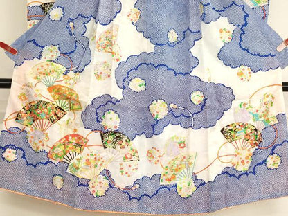 平和屋着物[]七五三　女の子　７歳　祝着　四つ身　駒刺繍　扇面花文　金彩　洗える着物　AABI2760ja