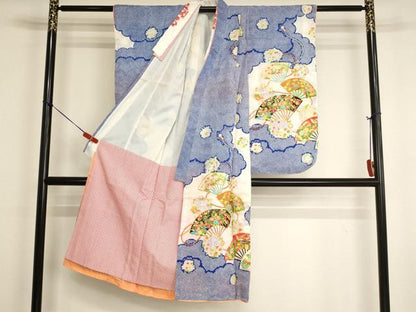 平和屋着物[]七五三　女の子　７歳　祝着　四つ身　駒刺繍　扇面花文　金彩　洗える着物　AABI2760ja