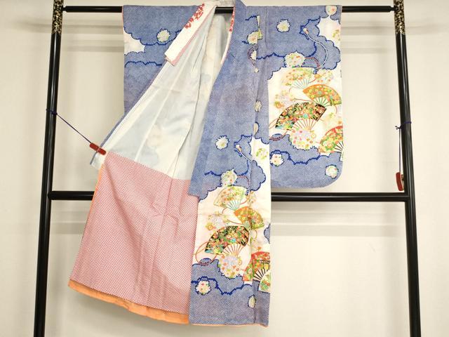 平和屋着物[]七五三　女の子　７歳　祝着　四つ身　駒刺繍　扇面花文　金彩　洗える着物　AABI2760ja