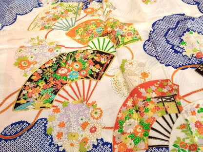 平和屋着物[]七五三　女の子　７歳　祝着　四つ身　駒刺繍　扇面花文　金彩　洗える着物　AABI2760ja