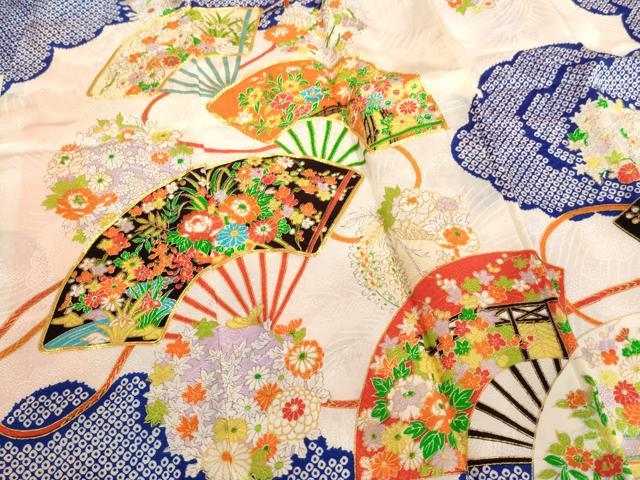 平和屋着物[]七五三　女の子　７歳　祝着　四つ身　駒刺繍　扇面花文　金彩　洗える着物　AABI2760ja