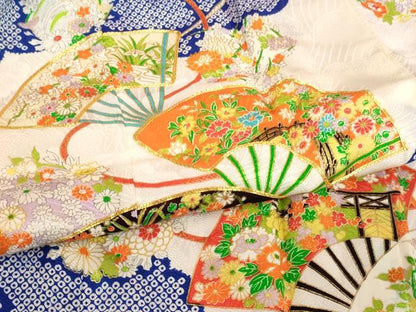 平和屋着物[]七五三　女の子　７歳　祝着　四つ身　駒刺繍　扇面花文　金彩　洗える着物　AABI2760ja