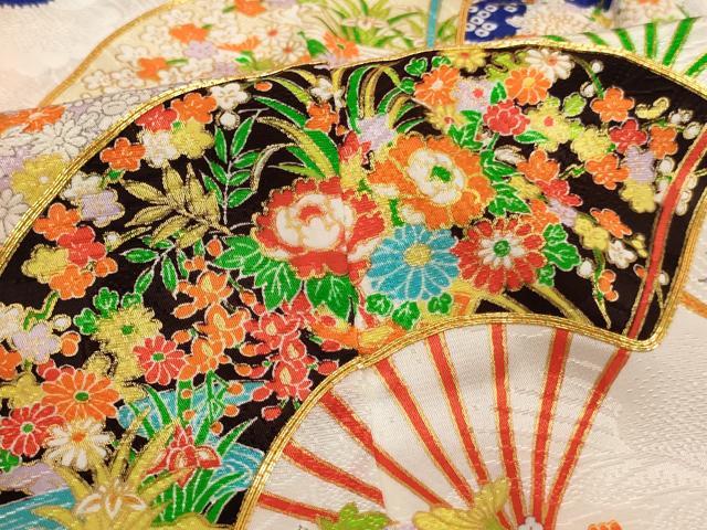 平和屋着物[]七五三　女の子　７歳　祝着　四つ身　駒刺繍　扇面花文　金彩　洗える着物　AABI2760ja