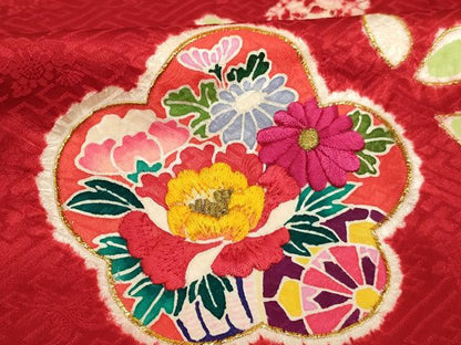 平和屋着物[]七五三　女の子　７歳　祝着　四つ身　絞り　刺繍　舞花文　金糸　逸品　AABI2763ja