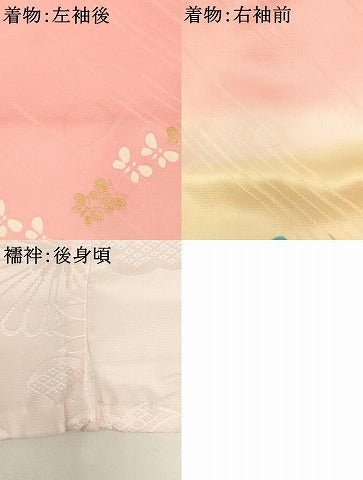 平和屋着物∵女の子　十三参り　子供　祝着・長襦袢（無双仕立て）・袋帯セット　駒刺繍　舞蝶文　暈し染め　金彩　逸品　AABI2764ja