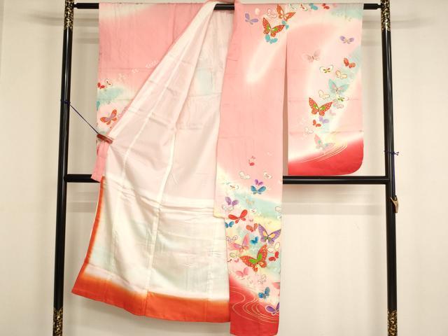 平和屋着物∵女の子　十三参り　子供　祝着・長襦袢（無双仕立て）・袋帯セット　駒刺繍　舞蝶文　暈し染め　金彩　逸品　AABI2764ja
