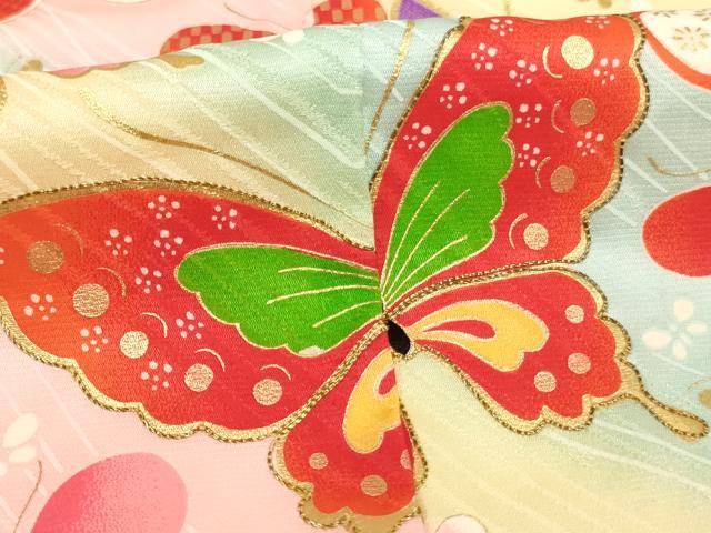 平和屋着物∵女の子　十三参り　子供　祝着・長襦袢（無双仕立て）・袋帯セット　駒刺繍　舞蝶文　暈し染め　金彩　逸品　AABI2764ja