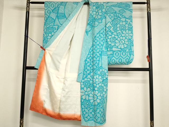 平和屋着物[]七五三　女の子　７歳　祝着　四つ身　総絞り　扇面花文　逸品　AABI2767ja