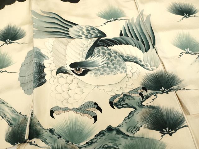 平和屋着物[]お宮参り　男の子　祝着　産着　初着　のしめ　手描き　鷹　松　銀彩　逸品　AABI2768ja