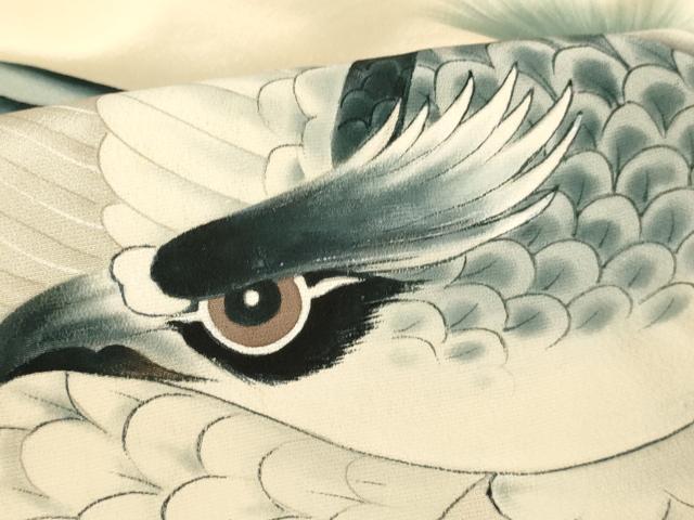 平和屋着物[]お宮参り　男の子　祝着　産着　初着　のしめ　手描き　鷹　松　銀彩　逸品　AABI2768ja