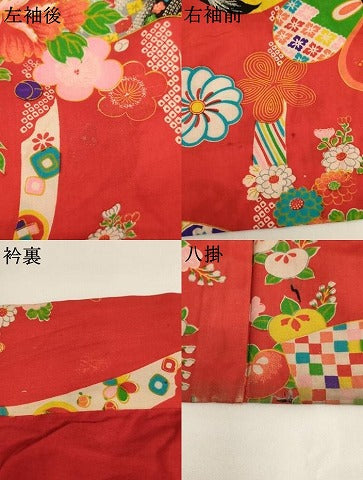 平和屋着物[]アンティーク　大正ロマン　七五三　女の子　７歳　祝着　四つ身　鶴丸扇面花文　逸品　AABI2771ja