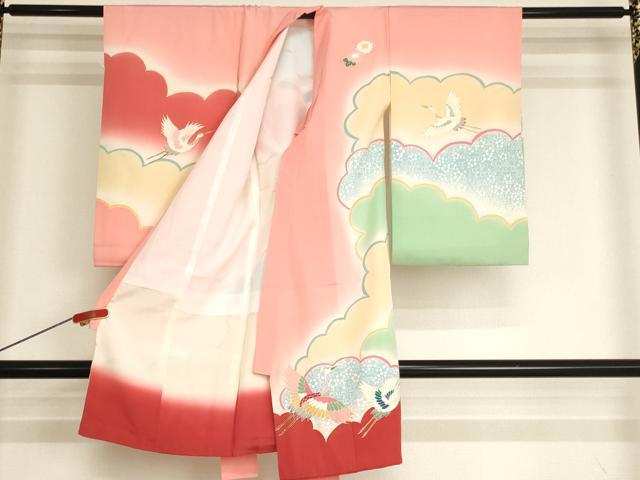 平和屋本店[]七五三　女の子　３歳　祝着　一つ身　長襦袢（袷）・小物セット　雲重ね飛鶴文　暈し染め　金彩　逸品　AABI2776ja