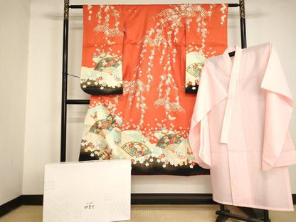 平和屋本店[]七五三　女の子　７歳　祝着　四つ身　長襦袢（単衣）セット　駒刺繍　扇面花蝶文　暈し染め 金彩 やまと誂製 逸品 AABI2777ja