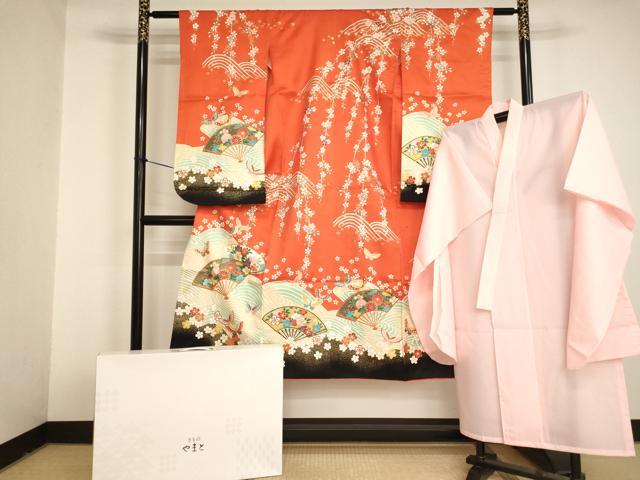 平和屋本店[]七五三　女の子　７歳　祝着　四つ身　長襦袢（単衣）セット　駒刺繍　扇面花蝶文　暈し染め 金彩 やまと誂製 逸品 AABI2777ja