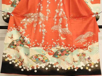 平和屋本店[]七五三　女の子　７歳　祝着　四つ身　長襦袢（単衣）セット　駒刺繍　扇面花蝶文　暈し染め 金彩 やまと誂製 逸品 AABI2777ja
