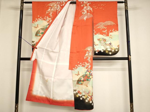 平和屋本店[]七五三　女の子　７歳　祝着　四つ身　長襦袢（単衣）セット　駒刺繍　扇面花蝶文　暈し染め 金彩 やまと誂製 逸品 AABI2777ja