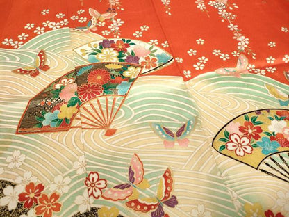 平和屋本店[]七五三　女の子　７歳　祝着　四つ身　長襦袢（単衣）セット　駒刺繍　扇面花蝶文　暈し染め 金彩 やまと誂製 逸品 AABI2777ja