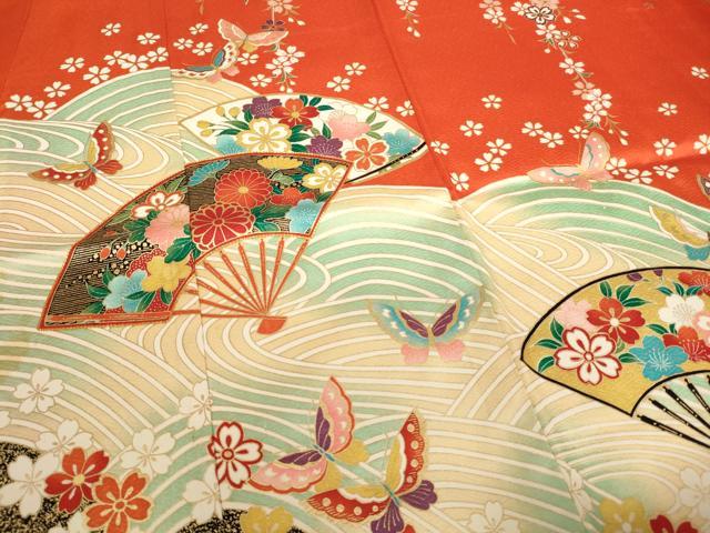 平和屋本店[]七五三　女の子　７歳　祝着　四つ身　長襦袢（単衣）セット　駒刺繍　扇面花蝶文　暈し染め 金彩 やまと誂製 逸品 AABI2777ja