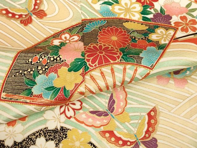 平和屋本店[]七五三　女の子　７歳　祝着　四つ身　長襦袢（単衣）セット　駒刺繍　扇面花蝶文　暈し染め 金彩 やまと誂製 逸品 AABI2777ja
