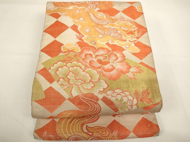 平和屋着物∵アンティーク　大正ロマン　子供　丸帯　獅子　地紙花文　引き抜き帯　逸品　AABI2782ja
