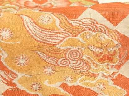 平和屋着物∵アンティーク　大正ロマン　子供　丸帯　獅子　地紙花文　引き抜き帯　逸品　AABI2782ja