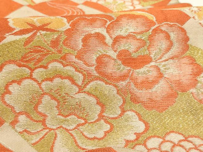 平和屋着物∵アンティーク　大正ロマン　子供　丸帯　獅子　地紙花文　引き抜き帯　逸品　AABI2782ja