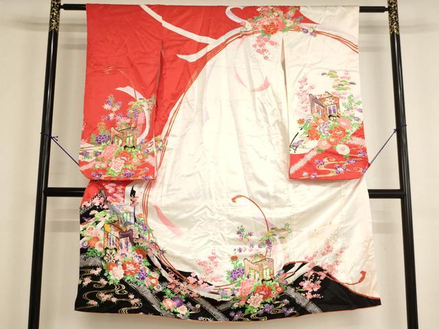 平和屋着物[]七五三　女の子　７歳　祝着　四つ身　御所車花文　AABI2819ja