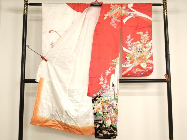 平和屋着物[]七五三　女の子　７歳　祝着　四つ身　御所車花文　AABI2819ja
