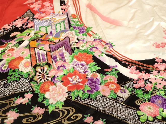 平和屋着物[]七五三　女の子　７歳　祝着　四つ身　御所車花文　AABI2819ja