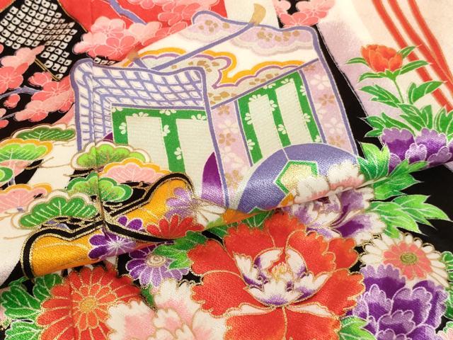 平和屋着物[]七五三　女の子　７歳　祝着　四つ身　御所車花文　AABI2819ja