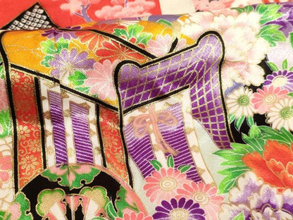 平和屋着物[]七五三　女の子　７歳　祝着　四つ身　御所車花文　AABI2819ja