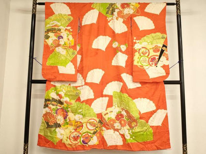 平和屋着物∵女の子　十三参り　子供　祝着　駒刺繍　扇面花文　金彩　逸品　AABI2820ja
