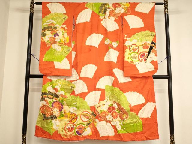 平和屋着物∵女の子　十三参り　子供　祝着　駒刺繍　扇面花文　金彩　逸品　AABI2820ja