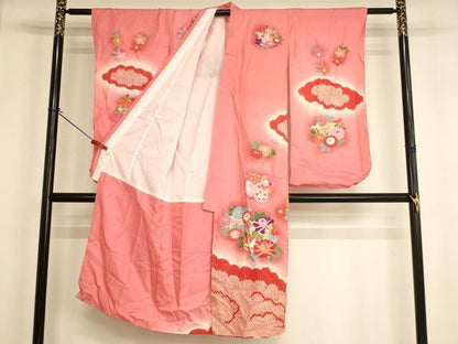 平和屋着物[]七五三　女の子　７歳　祝着　四つ身　絞り　花丸文　暈し染め　逸品　未使用　AABI2822ja