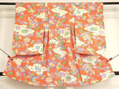 平和屋着物[]七五三　女の子　３歳　祝着　三つ身　型染め　花鳥文　逸品　AABI2823ja