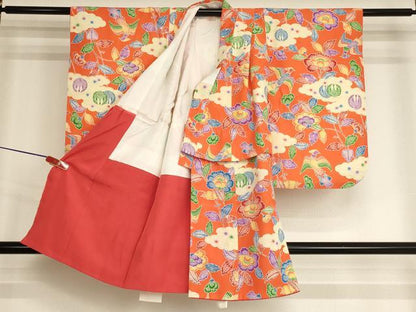 平和屋着物[]七五三　女の子　３歳　祝着　三つ身　型染め　花鳥文　逸品　AABI2823ja