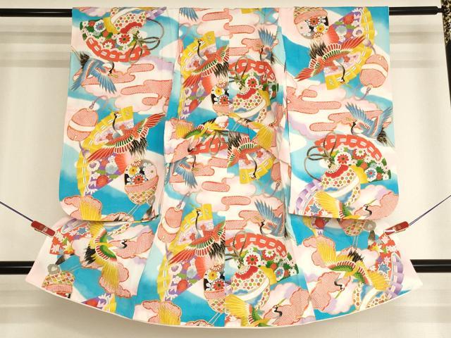 平和屋着物[]七五三　女の子　３歳　祝着　三つ身　檜扇飛鶴文　鈴　暈し染め　金彩　逸品　AABI2824ja