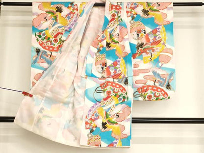 平和屋着物[]七五三　女の子　３歳　祝着　三つ身　檜扇飛鶴文　鈴　暈し染め　金彩　逸品　AABI2824ja