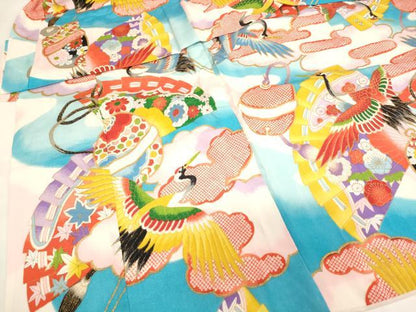 平和屋着物[]七五三　女の子　３歳　祝着　三つ身　檜扇飛鶴文　鈴　暈し染め　金彩　逸品　AABI2824ja