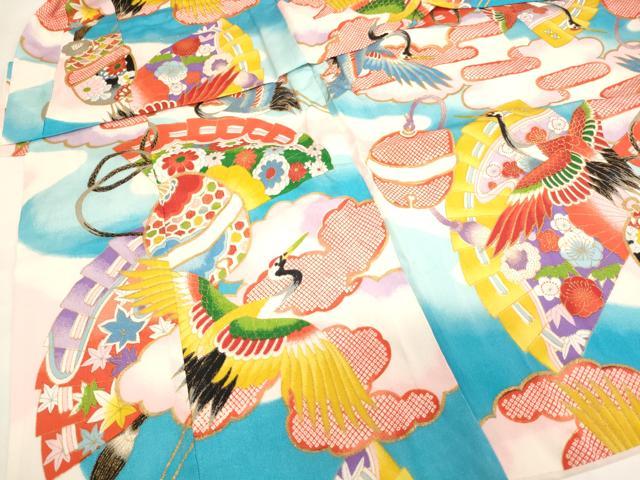 平和屋着物[]七五三　女の子　３歳　祝着　三つ身　檜扇飛鶴文　鈴　暈し染め　金彩　逸品　AABI2824ja