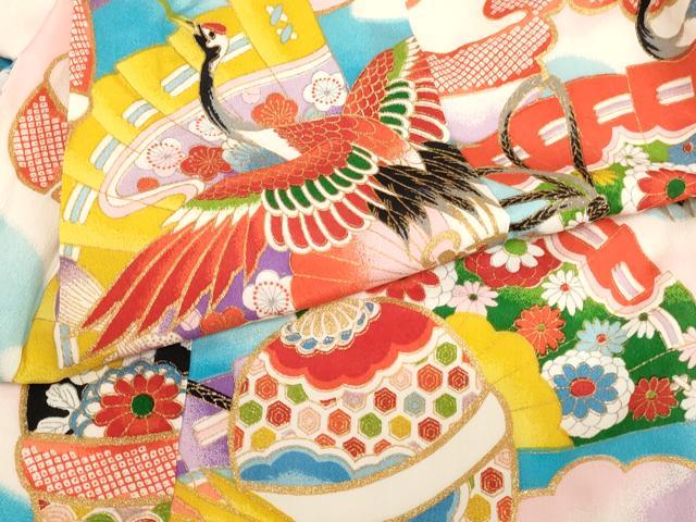 平和屋着物[]七五三　女の子　３歳　祝着　三つ身　檜扇飛鶴文　鈴　暈し染め　金彩　逸品　AABI2824ja
