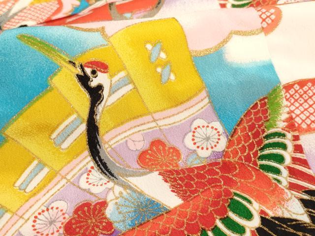 平和屋着物[]七五三　女の子　３歳　祝着　三つ身　檜扇飛鶴文　鈴　暈し染め　金彩　逸品　AABI2824ja