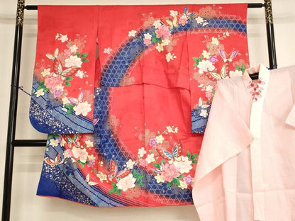 平和屋着物[]七五三　女の子　７歳　祝着　四つ身　長襦袢（単衣・半衿刺繍）セット　花蝶文　暈し染め　金彩　逸品　AABI2829ja