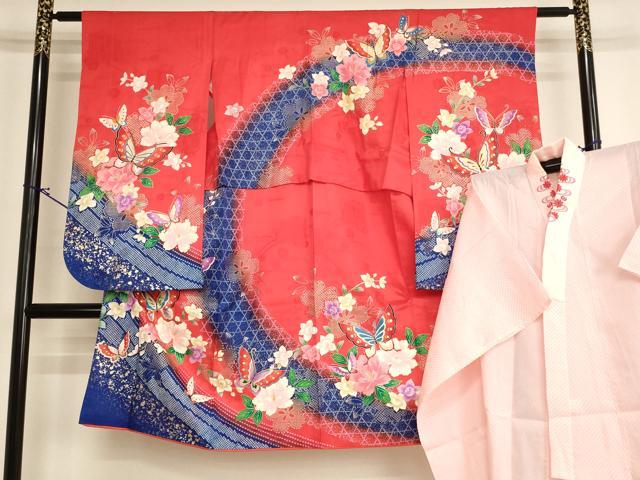 平和屋着物[]七五三　女の子　７歳　祝着　四つ身　長襦袢（単衣・半衿刺繍）セット　花蝶文　暈し染め　金彩　逸品　AABI2829ja